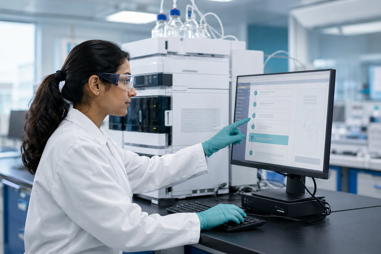 Quality-control analyst following a guided digital procedure beside a chromatography instrument