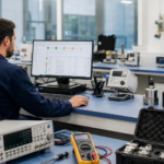 Calibration laboratory technician reviewing measurement instruments and a connected digital workflow