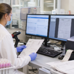 Clinical laboratory accessioning specialist comparing a paper requisition with structured digital records