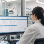 Laboratory informatics specialist reviewing structured LIMS validation records on a monitor
