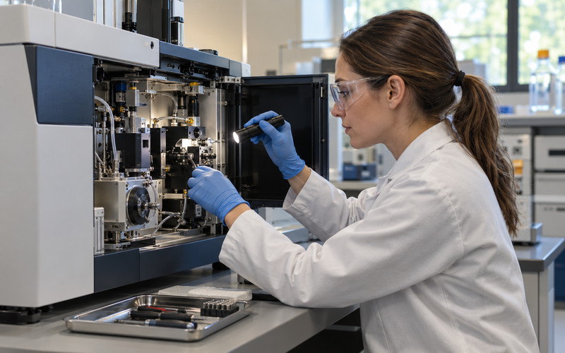 Generated editorial photograph of a laboratory technician inspecting the open compartment of a generic analytical instrument during preventive maintenance.