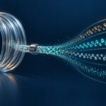 AI-generated conceptual editorial illustration of a coiled capillary and colored particle streams separating during analytical measurement.