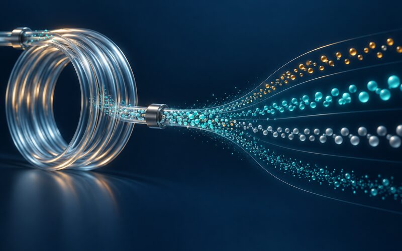 AI-generated conceptual editorial illustration of a coiled capillary and colored particle streams separating during analytical measurement.