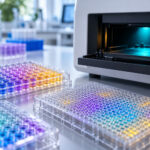 Generic microplate reader beside 96-well and 384-well assay plates under colored optical illumination