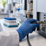 Generated editorial illustration of a gloved technician connecting a data cable to a generic laboratory instrument beside a barcode sample rack.