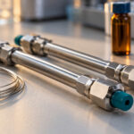 AI-generated editorial illustration of generic chromatography columns, capillary tubing, and amber sample vials.