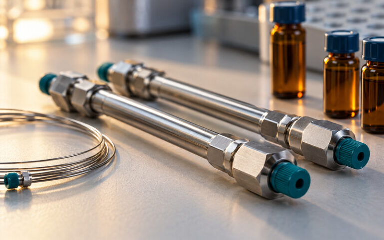 AI-generated editorial illustration of generic chromatography columns, capillary tubing, and amber sample vials.