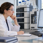 AI-generated editorial illustration of a laboratory scientist reviewing chromatographic results beside an unbranded liquid chromatography system.