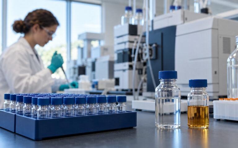 Laboratory sample vials with clear and amber liquids beside analytical instruments and an analyst preparing samples.
