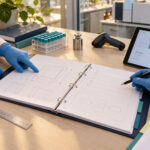 AI-generated overhead editorial scene of laboratory professionals reviewing an instrument requirements binder with sample tubes, a barcode scanner, and planning tools.