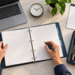 Generated editorial illustration of hands reviewing an unmarked service-planning binder beside maintenance tools and a laptop.