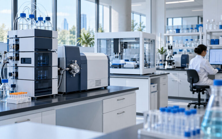 Illustration of a modern laboratory with analytical instruments, an automated liquid handler, and a microscope.