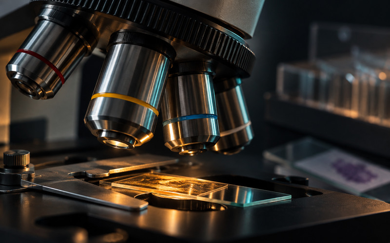 Generated editorial photograph of a generic laboratory microscope objective turret positioned above an illuminated prepared slide.