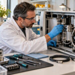 Laboratory service technician inspecting the internal components of a generic analytical instrument