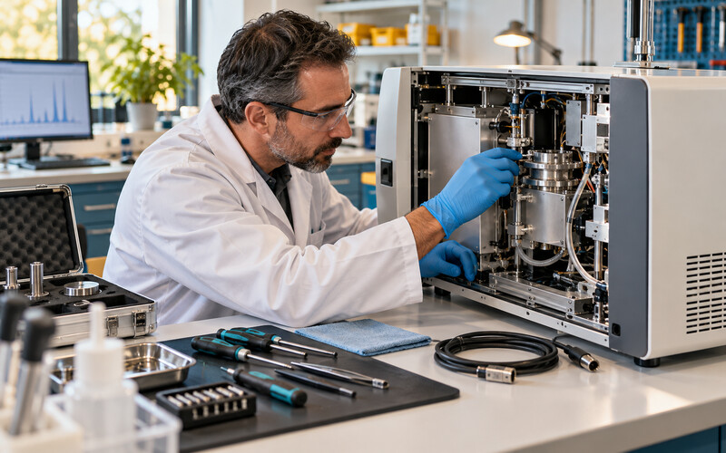 Laboratory service technician inspecting the internal components of a generic analytical instrument