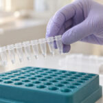 Generated editorial illustration of a gloved hand holding capped PCR tubes beside a teal tube rack on a clean laboratory bench.