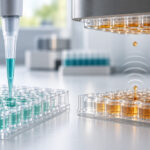 AI-generated conceptual editorial illustration comparing a pipette-tip transfer with contactless acoustic droplet ejection between microplates.