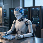 Humanoid AI robot working with laboratory instrumentation and a tablet in a modern laboratory