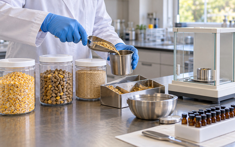 Analyst prepares heterogeneous animal feed samples beside a sample divider and analytical balance.