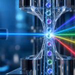 Conceptual illustration of individual cells crossing a laser interrogation point in a generic flow cytometry system.