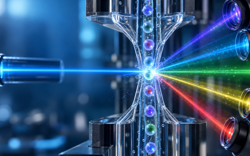 Conceptual illustration of individual cells crossing a laser interrogation point in a generic flow cytometry system.