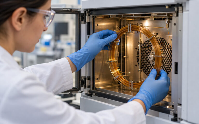 A gloved laboratory analyst installs a coiled capillary column inside a generic gas chromatograph oven.