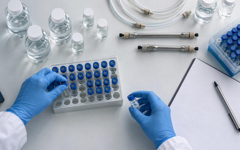 Gloved laboratory analyst arranging capped water samples and autosampler vials beside ion chromatography columns on a clean QC bench.