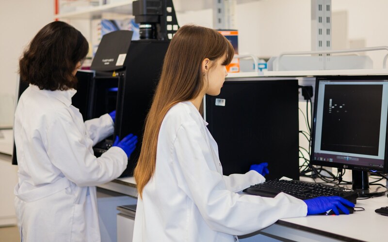 Two laboratory scientists review imaging data at computer workstations.
