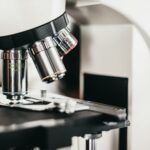 Microscope objective lenses above a laboratory sample stage.