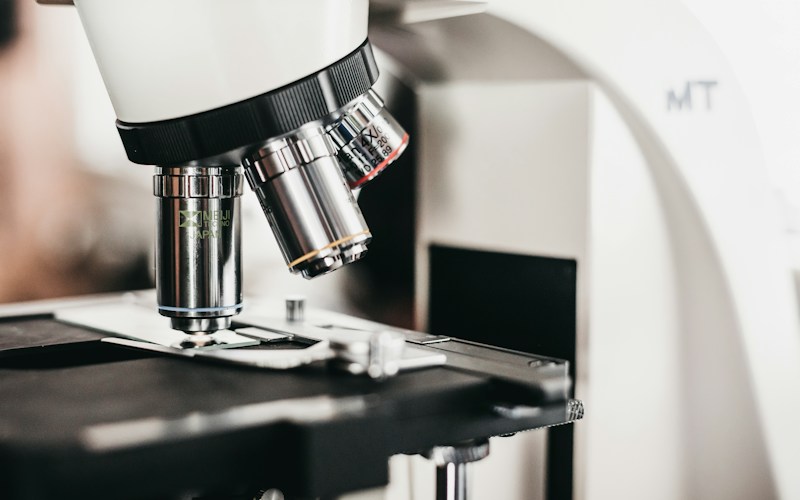Microscope objective lenses above a laboratory sample stage.