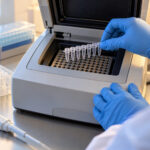Gloved laboratory professional placing a strip of PCR tubes into an unbranded thermal cycler.