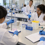 Students wearing lab coats, gloves, and safety goggles perform a supervised acid-base titration in a university teaching laboratory.