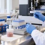 Gloved laboratory analyst transfers a prepared animal-tissue extract into an autosampler vial for veterinary drug residue LC-MS/MS analysis.