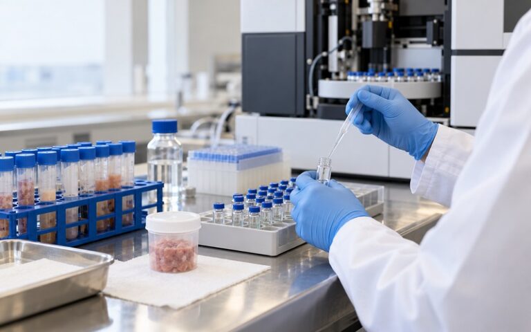 Gloved laboratory analyst transfers a prepared animal-tissue extract into an autosampler vial for veterinary drug residue LC-MS/MS analysis.